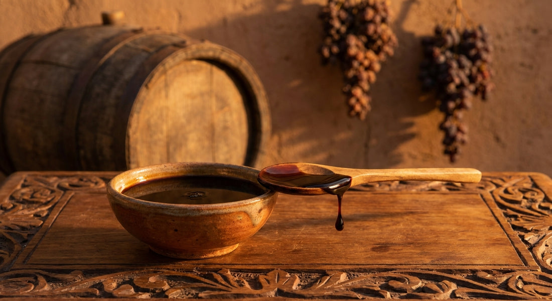 A ceramic bowl of aged balsamic vinegar with a wooden spoon dripping the dark glossy liquid, set on a rustic wooden table beside an oak barrel and dried grape clusters in warm golden light.