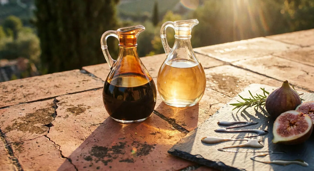 Two glass cruets of dark and white balsamic vinegar side by side on a rustic terracotta surface with figs and rosemary in warm afternoon light.