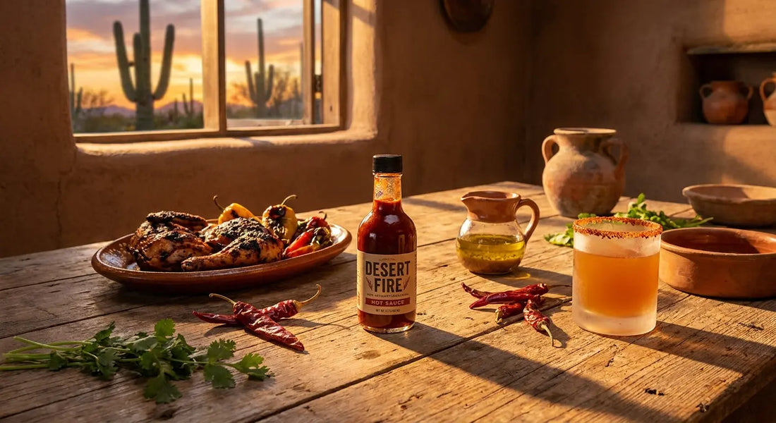 An artisan hot sauce bottle surrounded by grilled food, a vinaigrette pitcher, and a chili-rimmed cocktail glass on a rustic wooden table bathed in warm desert light.