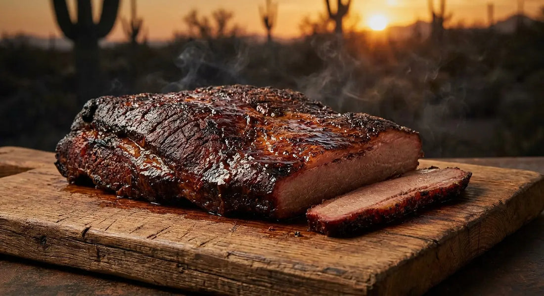A close-up of a deeply caramelized, smoke-crusted brisket on a rustic mesquite wood cutting board, with wisps of smoke rising against a warm amber background.