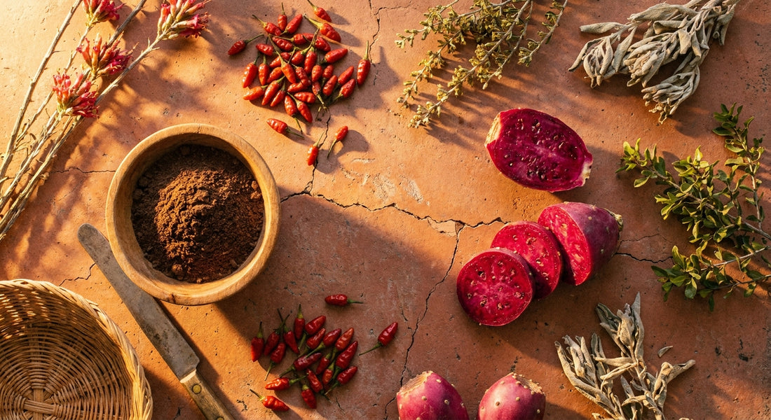A warm flat-lay arrangement of Sonoran Desert ingredients including chiltepin peppers, mesquite flour, and sliced prickly pear on a rustic terracotta surface bathed in golden light.