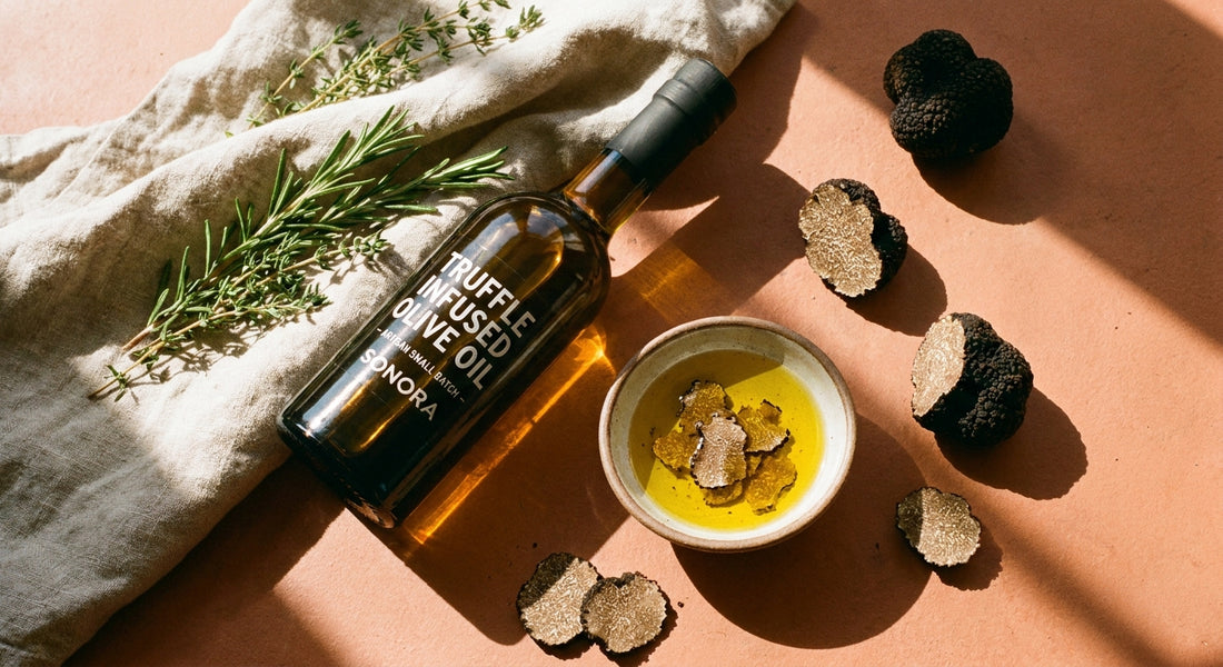 A flat lay of a dark bottle of truffle-infused olive oil, fresh black truffles, a ceramic bowl of golden oil, and wild herbs arranged on a warm terracotta surface in soft afternoon light.