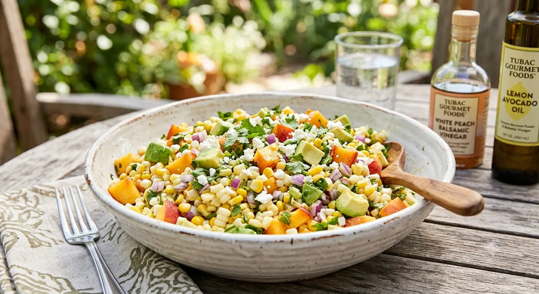 Recipe for peach avocado corn salad lemon avocado oil and peach white balsamic vinegar