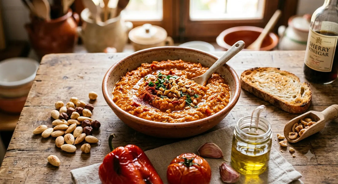 Romesco a bold, velvety sauce made from roasted red peppers, tomatoes, toasted nuts, garlic, and sherry vinegar.