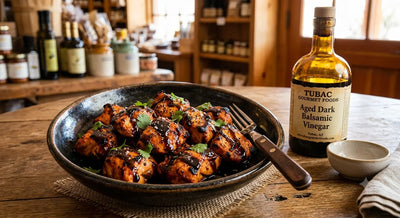 A brilliant fusion combining the intense, smoky char of a Traditional Chicken Tikka with the deeply concentrated, sweet-tart complexity of an Aged Dark Balsamic Vinegar Tubac Gourmet Foods