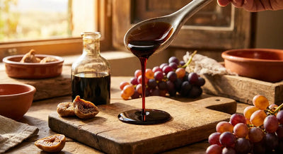 A thick, glossy stream of aged dark balsamic vinegar drizzles from a ceramic spoon onto a rustic wooden board surrounded by dried figs and fresh grapes in warm golden light.