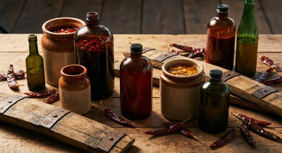 A rustic still-life of barrel-aged condiment bottles and ceramic crocks arranged on a weathered wooden table with dried chilies and oak staves in warm desert light.