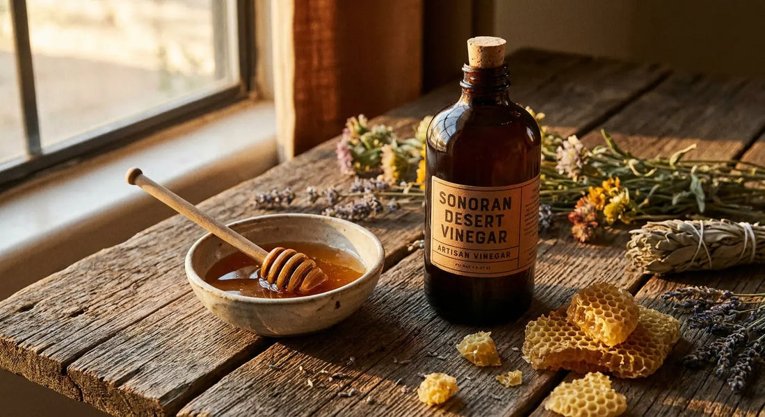 A rustic editorial still life of an amber artisan vinegar bottle beside a honey-filled ceramic bowl on weathered mesquite wood, bathed in warm desert light.