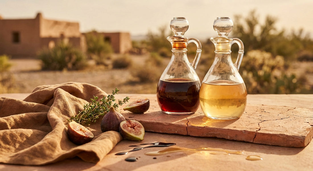 Two glass cruets of dark and white balsamic vinegar side by side on a terracotta surface with figs and herbs in warm desert light.