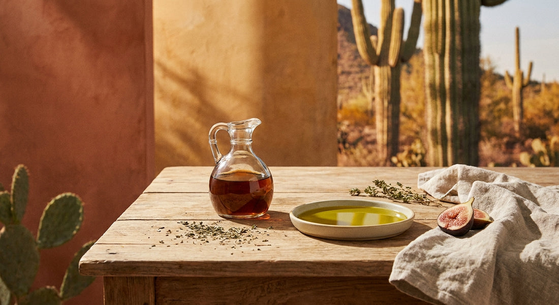 A rustic wooden table bathed in warm desert light showcasing a glass cruet of dark balsamic vinegar, a dish of golden olive oil, dried herbs, and a halved fig in a Sonoran-inspired editorial arrangement.