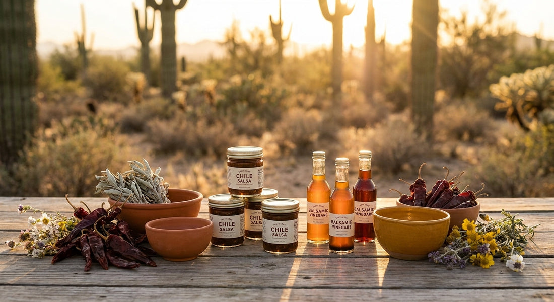 Rustic wooden table displaying small-batch artisan condiments, dried chiles, and balsamic vinegars bathed in golden Sonoran Desert light.
