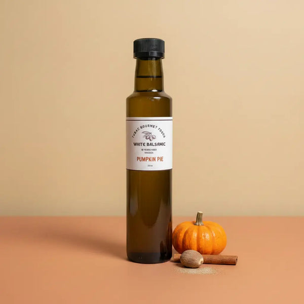 Pumpkin Pie White Balsamic Vinegar 250ml bottle on warm terracotta surface