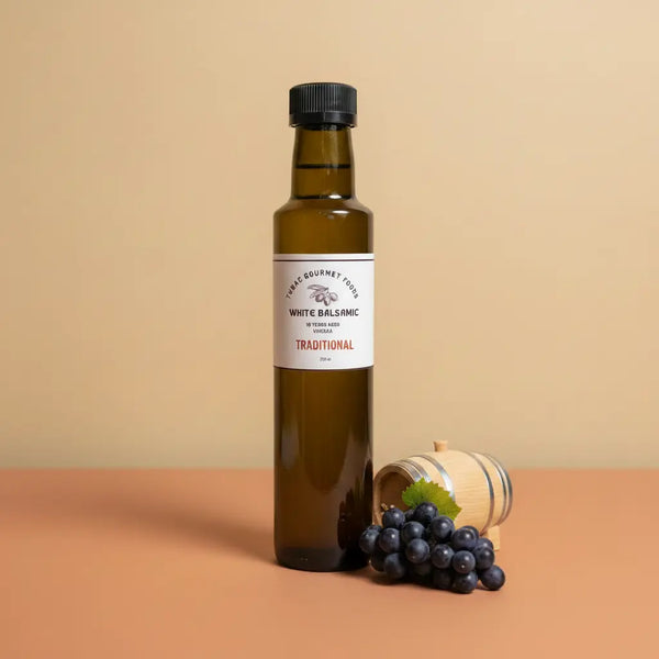 Traditional Aged White Balsamic Vinegar 250ml bottle on warm terracotta surface