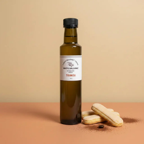Tiramisu White Balsamic Vinegar 250ml bottle on warm terracotta surface