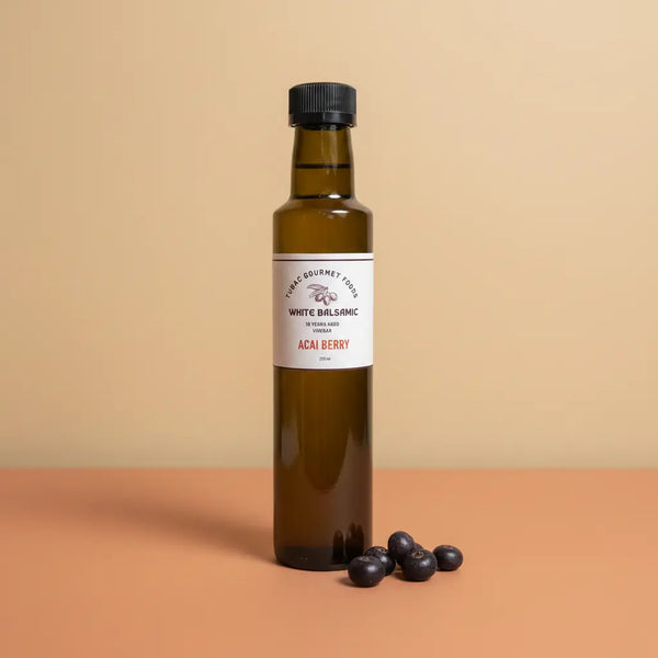 Acai Berry White Balsamic Vinegar 250ml bottle on warm terracotta surface