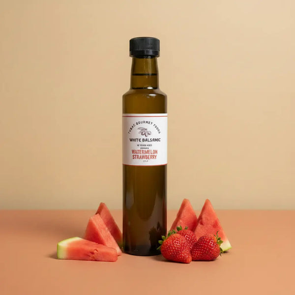 Watermelon Strawberry White Balsamic Vinegar 250ml bottle on warm terracotta surface