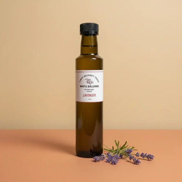 Lavender White Balsamic Vinegar 250ml bottle on warm terracotta surface