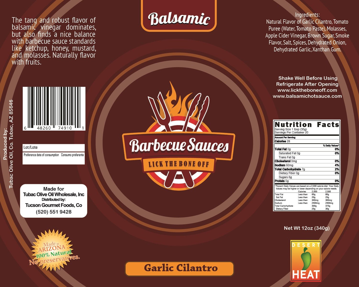 Lick The Bone Off, Balsamic Garlic Cilantro BBQ Sauce, 12oz. - Tubac Gourmet Foods