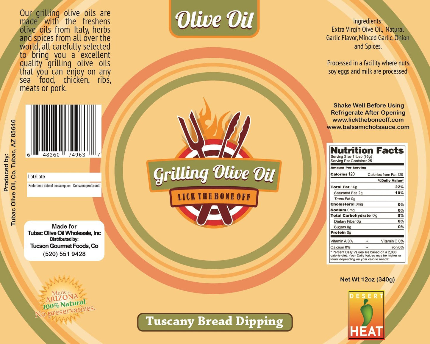 Tuscany Bread Dipping, Grilling Olive Oil, 12oz. - Tubac Gourmet Foods