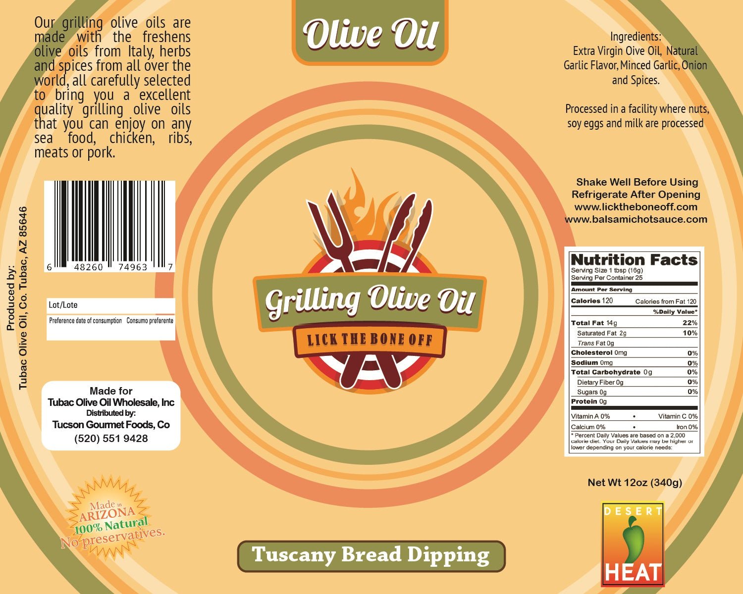 Tuscany Bread Dipping, Grilling Olive Oil, 12oz. - Tubac Gourmet Foods
